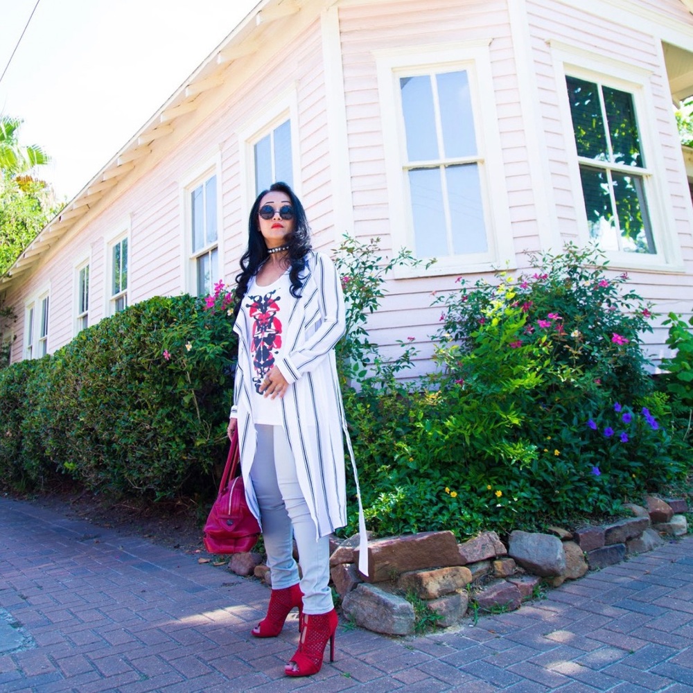 Belted Longline Navy & White Striped Jacket - Picture 4 of 6